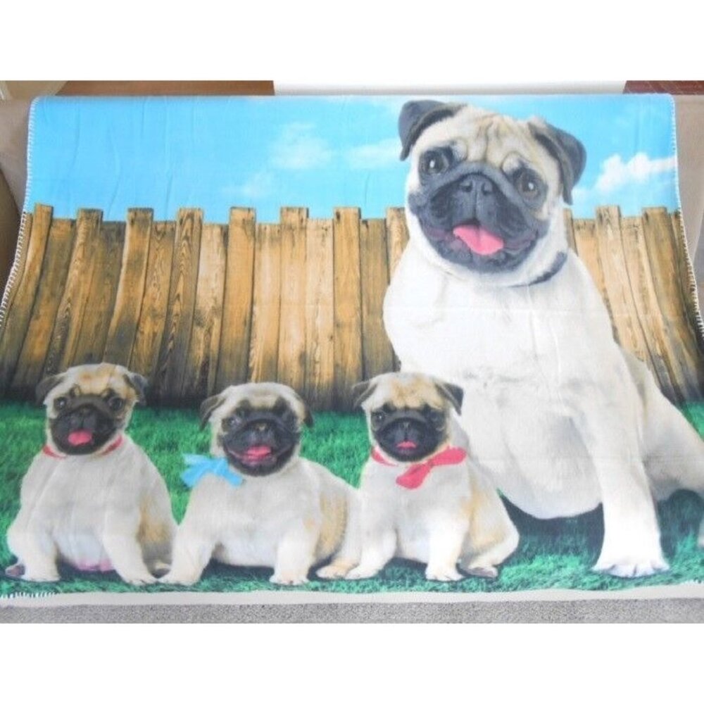 New Soft Pug Family Pugs Fleece Throw Gift Blanket Puppy Dog Breed Lover Tan NIP